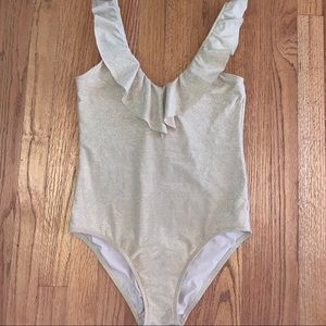 AERIE SPARKLY GOLD RUFFLE ONE PIECE SWIMSUIT